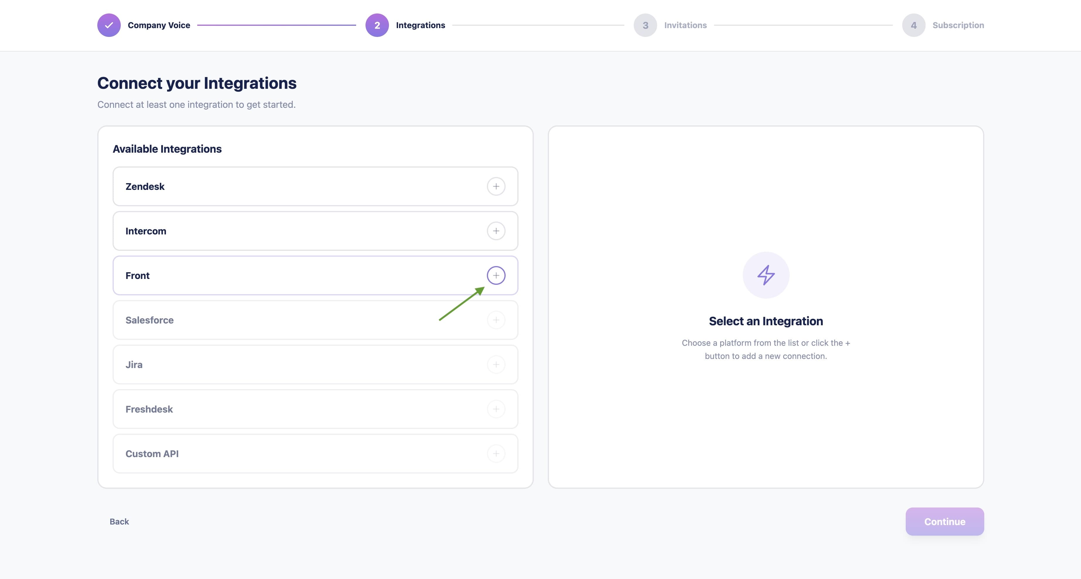 Click Add next to the Front integration