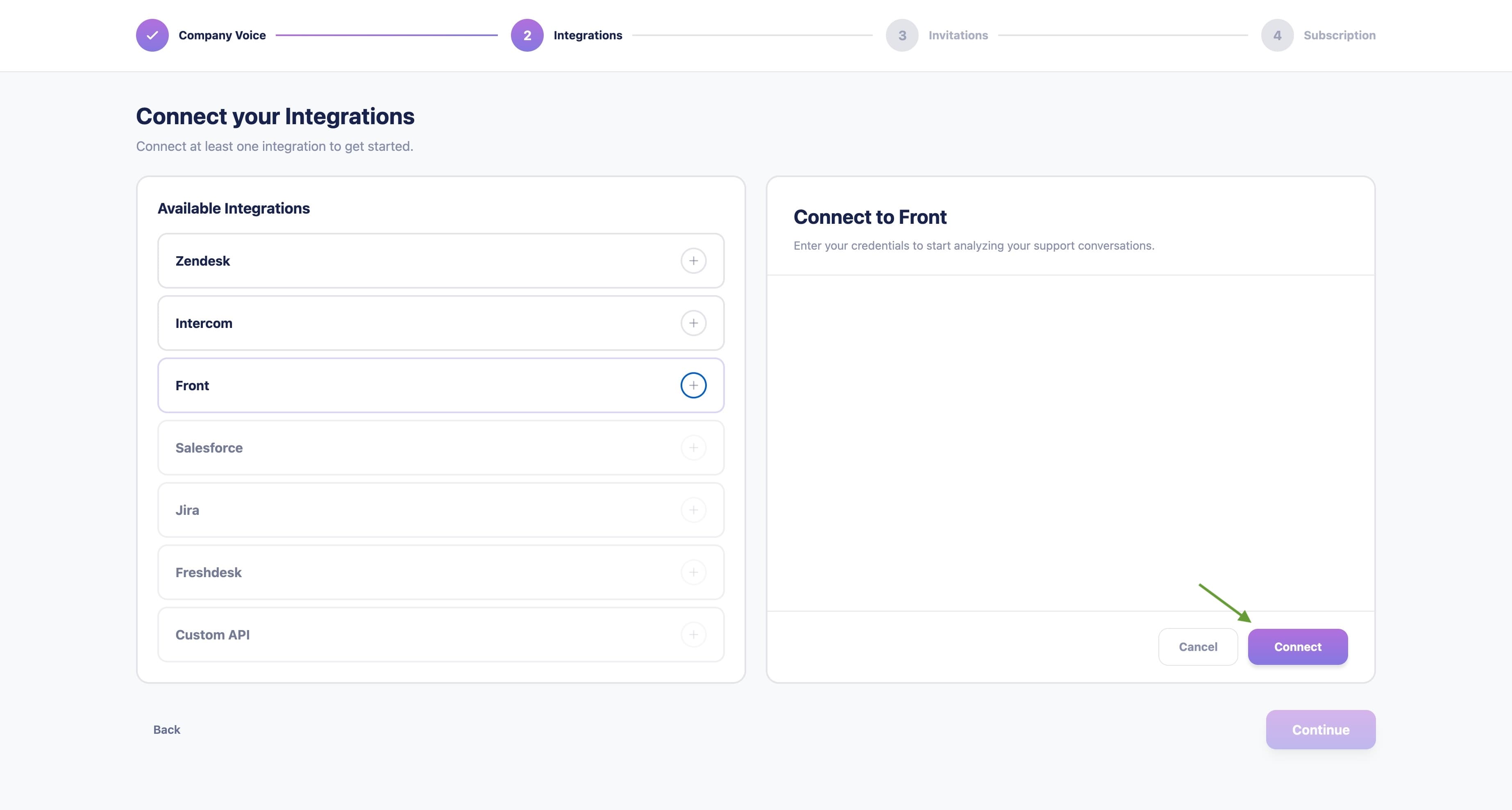 Click Connect to authorize Front
