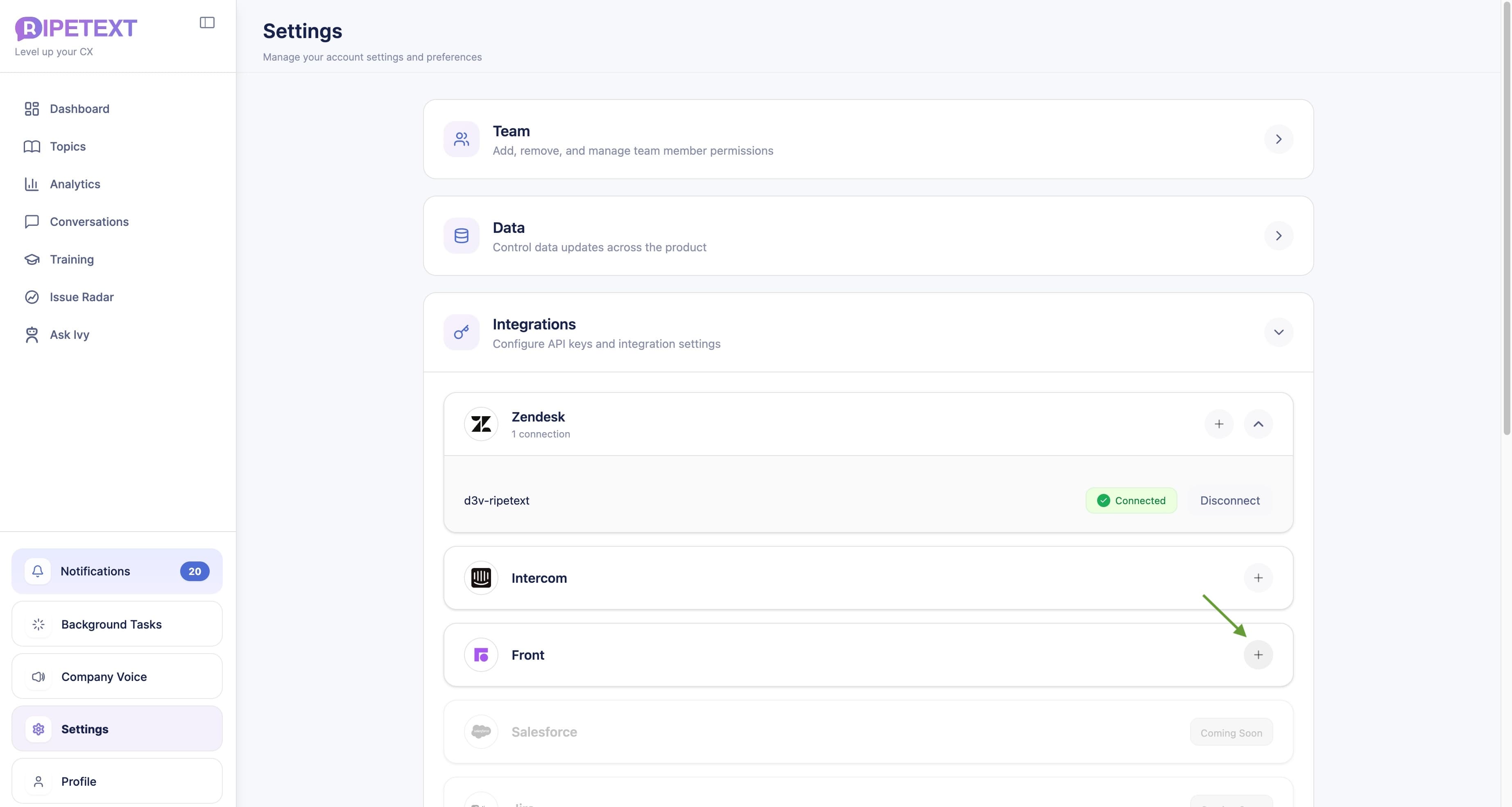 Click Connect next to Front in Settings
