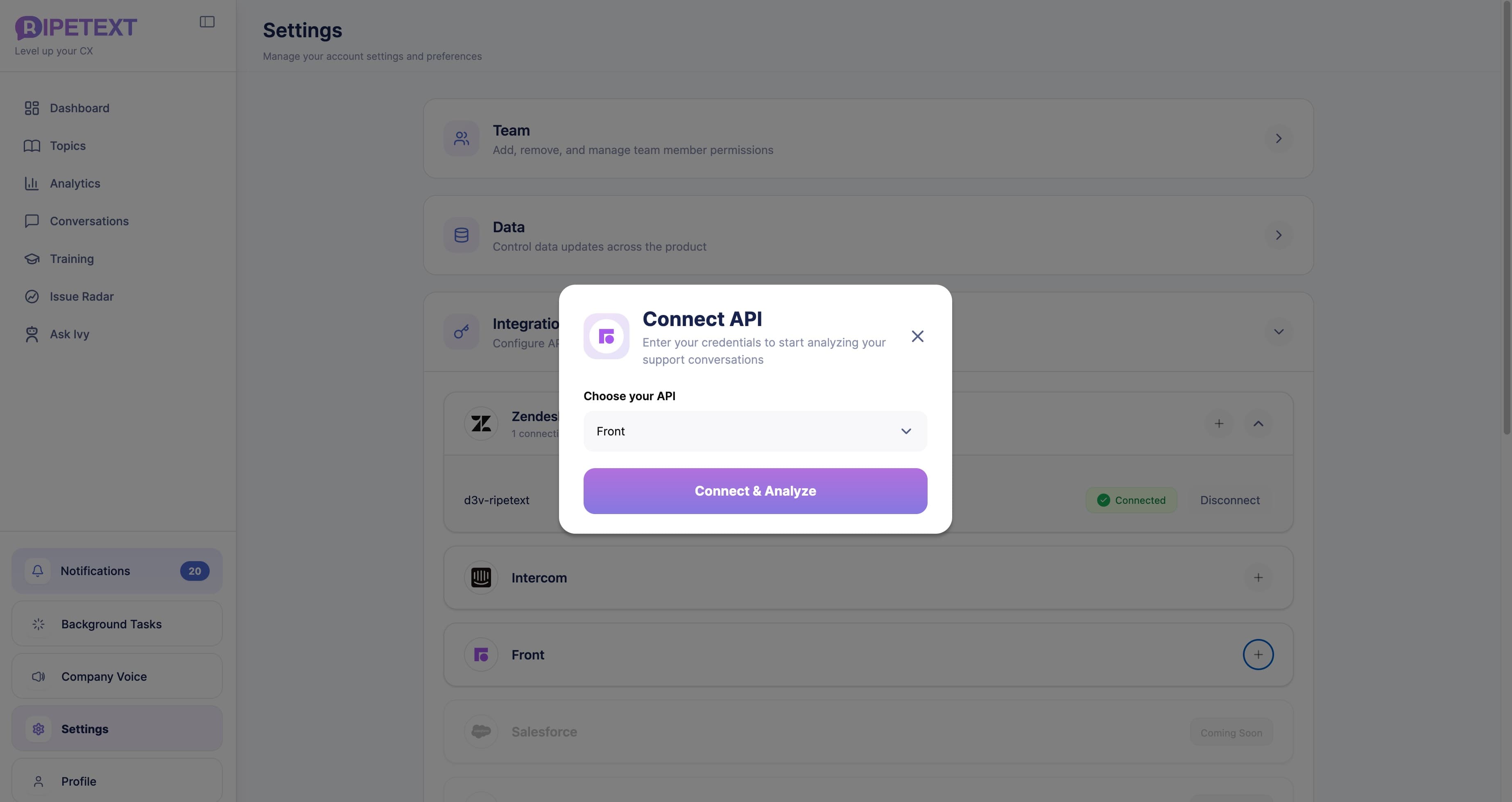 Connect & Analyze dialog for Front