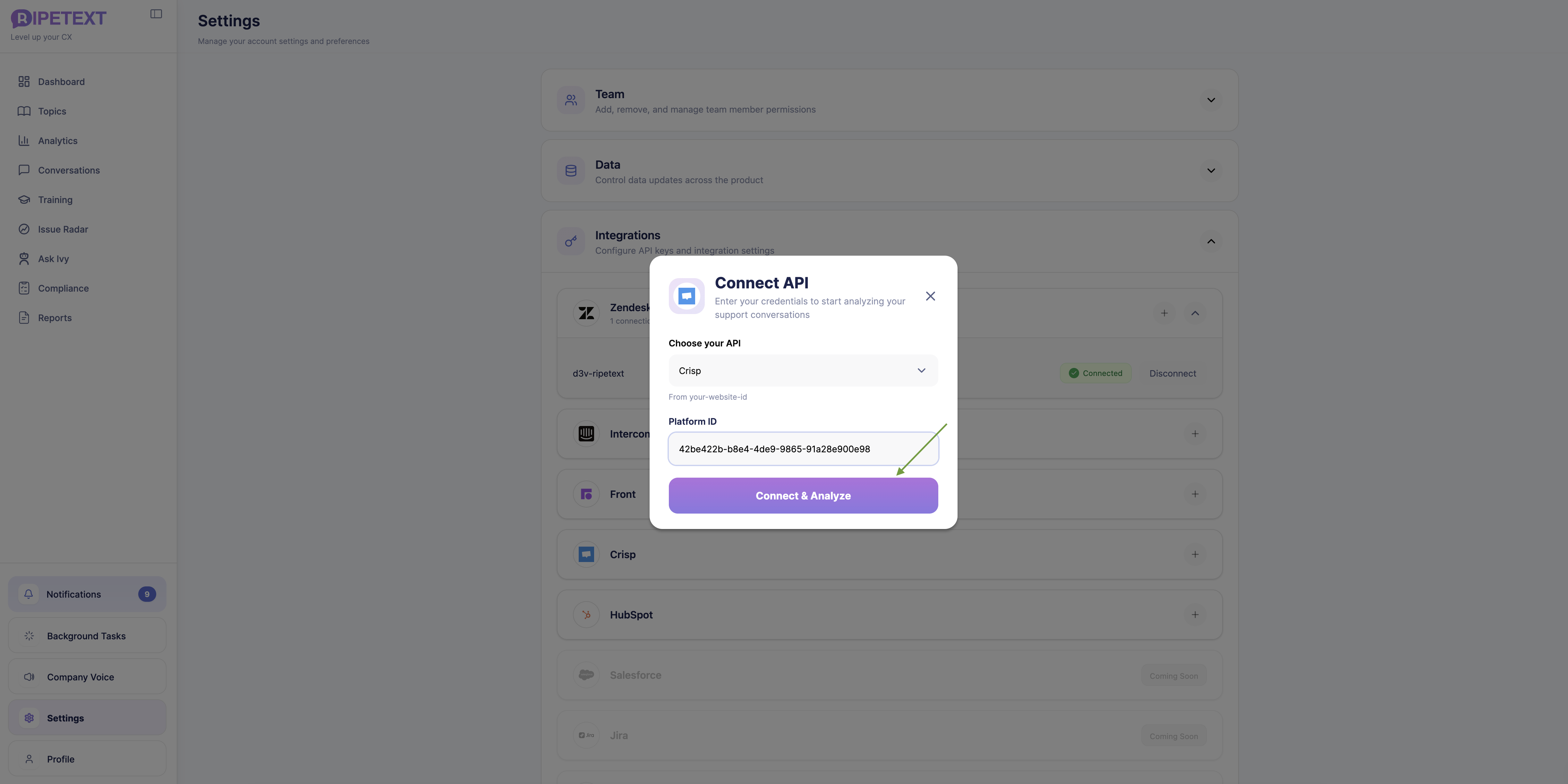 Connect & Analyze dialog for Crisp