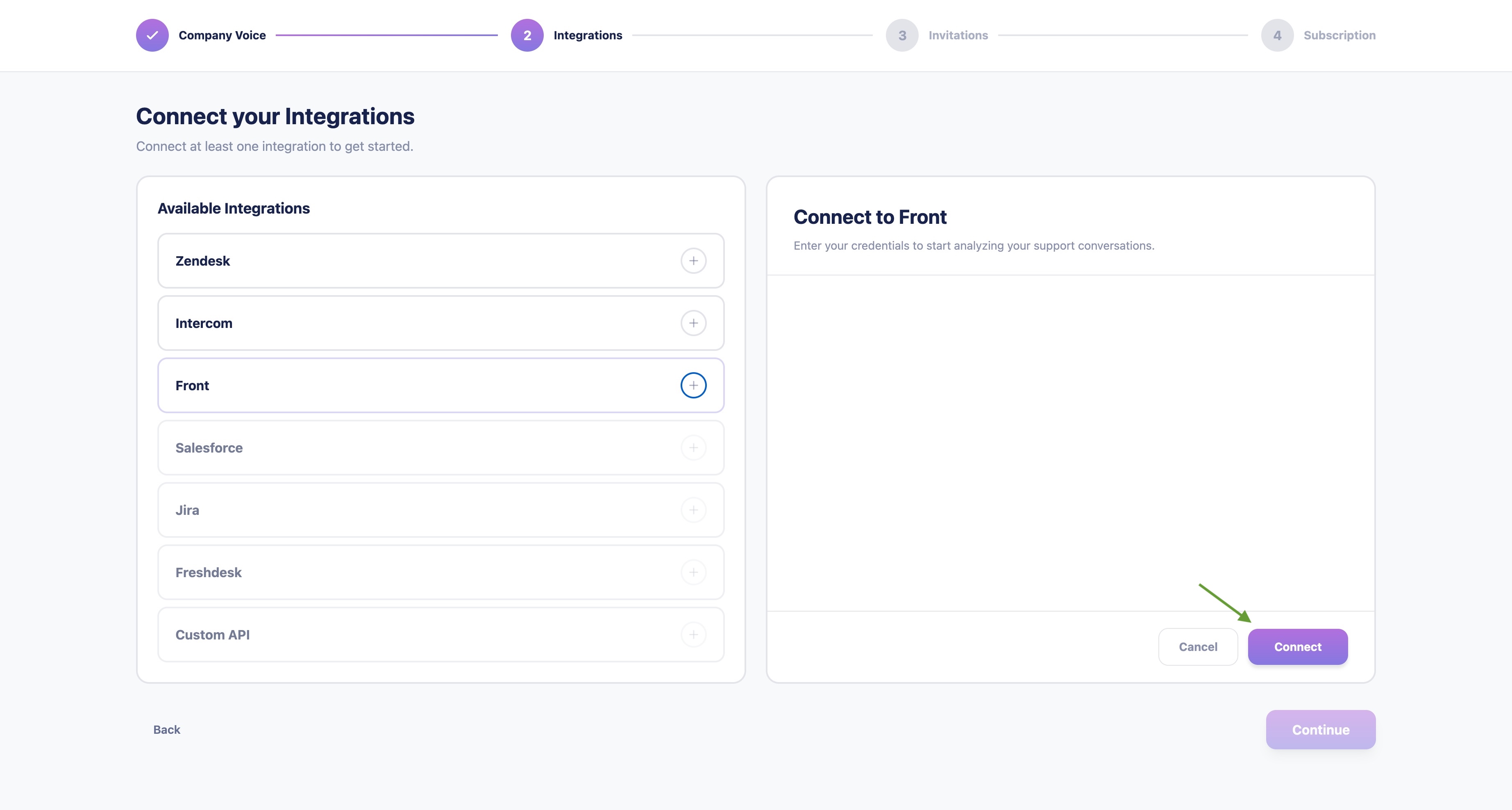 Click Connect to authorize Front